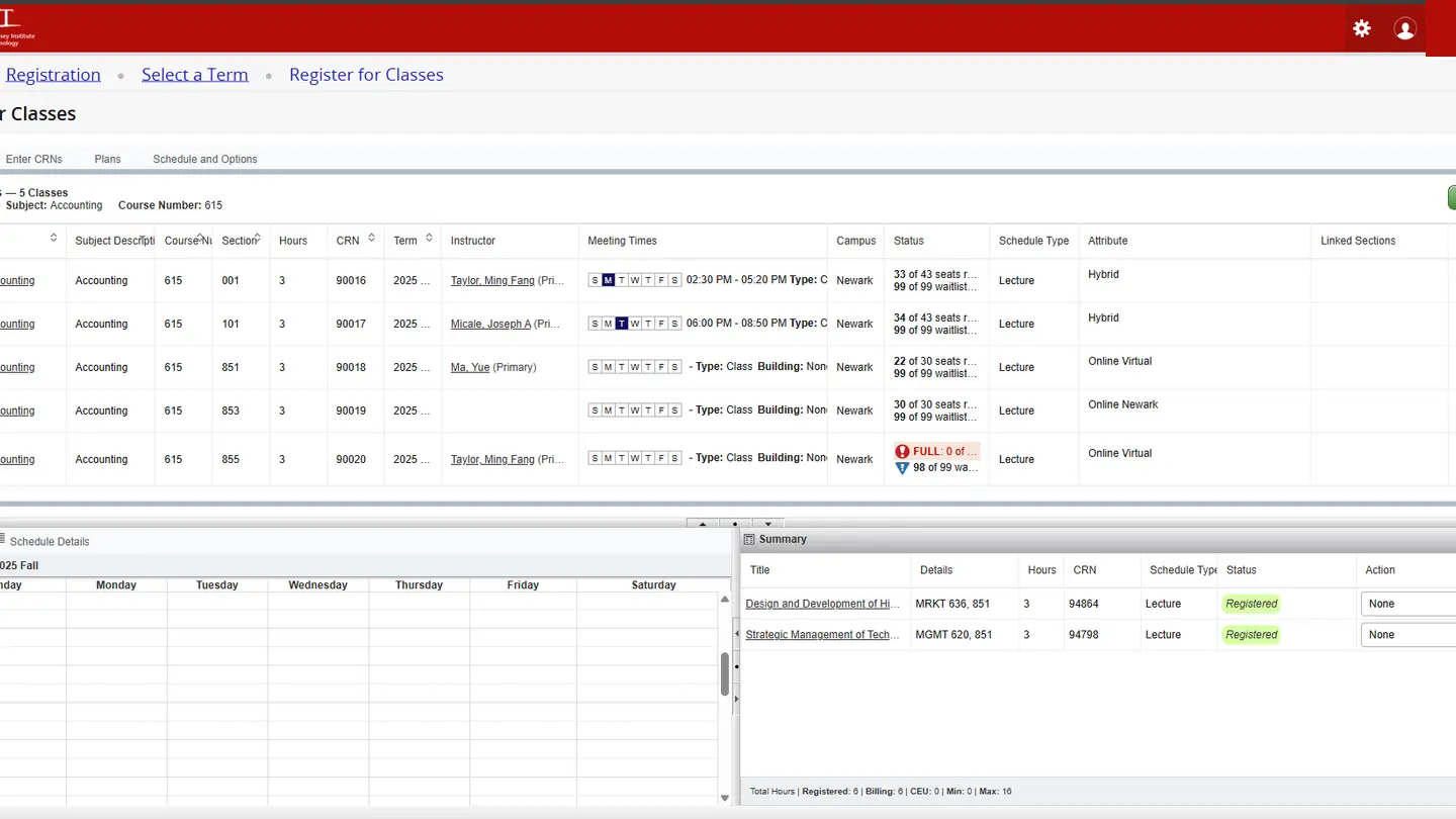 NJIT's Register for Classes page in Highlander Pipeline